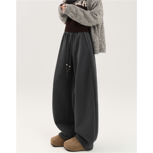 文恭子深灰色卫裤冬季加绒保暖高腰阔腿裤梨形身材休闲运动弯刀裤