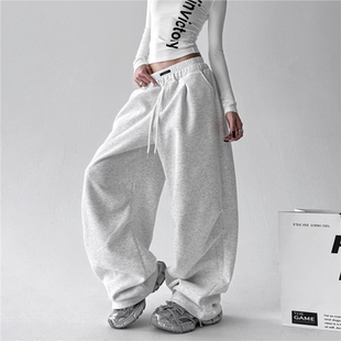双腰头直筒阔腿裤 文恭子花灰色卫裤 休闲运动裤 高腰街头美式 子 秋季