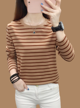 2025新款初秋纯棉长袖t恤女秋衣外穿条纹上衣宽松大码打底衫遮肉