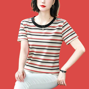 纯棉短袖t恤女2026夏装新款 中老年妈妈半袖大码条纹体恤减龄上衣