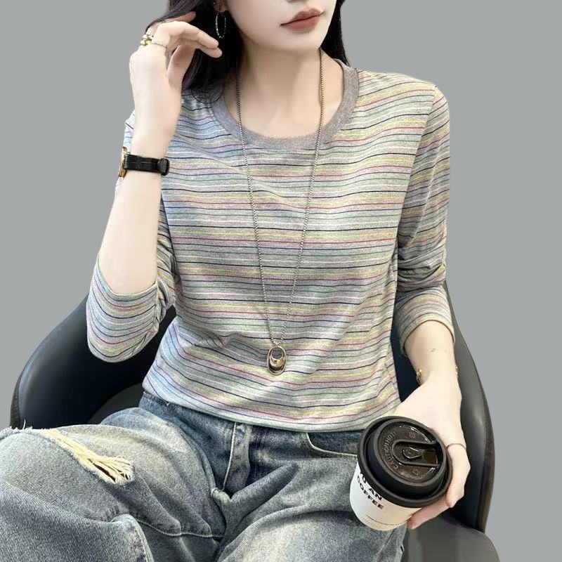 2026春季新款宽松纯棉秋衣长袖打底衫女t恤春秋条纹上衣妈妈小衫