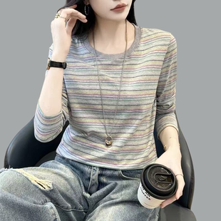 2026春季新款宽松纯棉秋衣长袖打底衫女t恤春秋条纹上衣妈妈小衫