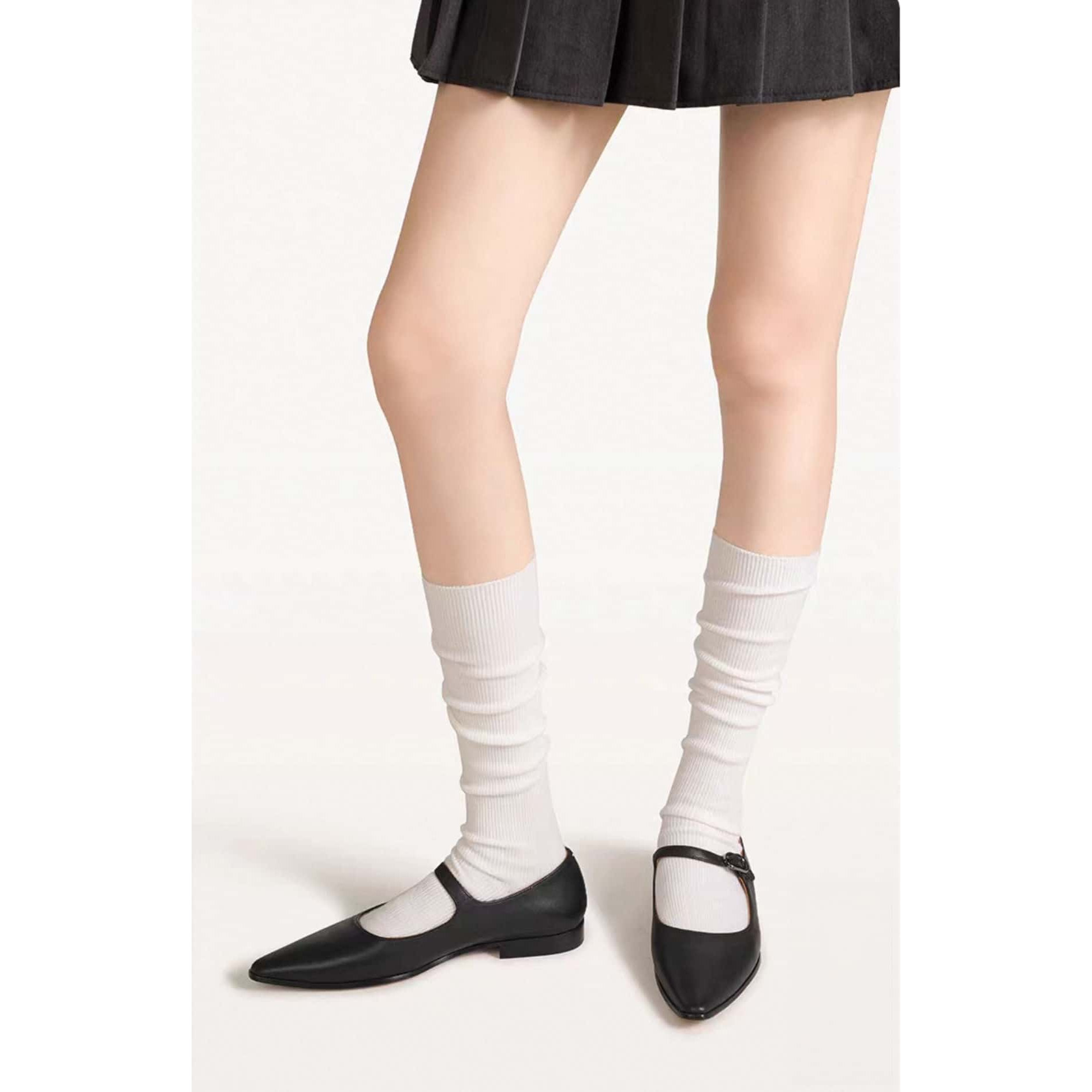 美拉德纯色学院风小腿jk堆堆袜子女秋冬配小皮鞋显瘦竖条纹长筒袜
