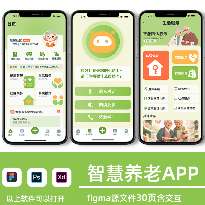 适老化智慧养老app界面ui设计高保真原型展板figma源文件含交互图片