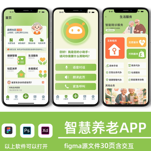 适老化智慧养老app界面ui设计高保真原型展板figma源文件含交互