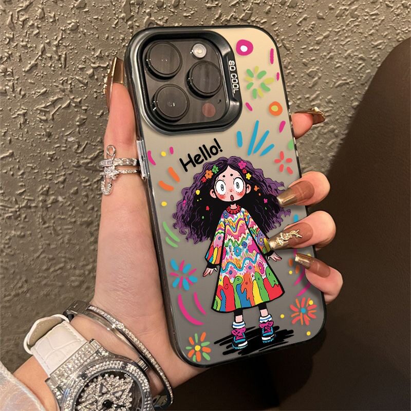 苹果15Promax手机壳新款潮牌iPhone14pro彩银涂鸦手绘卷发女孩保护套13创意搞怪12全包防摔15pro个性女款适用