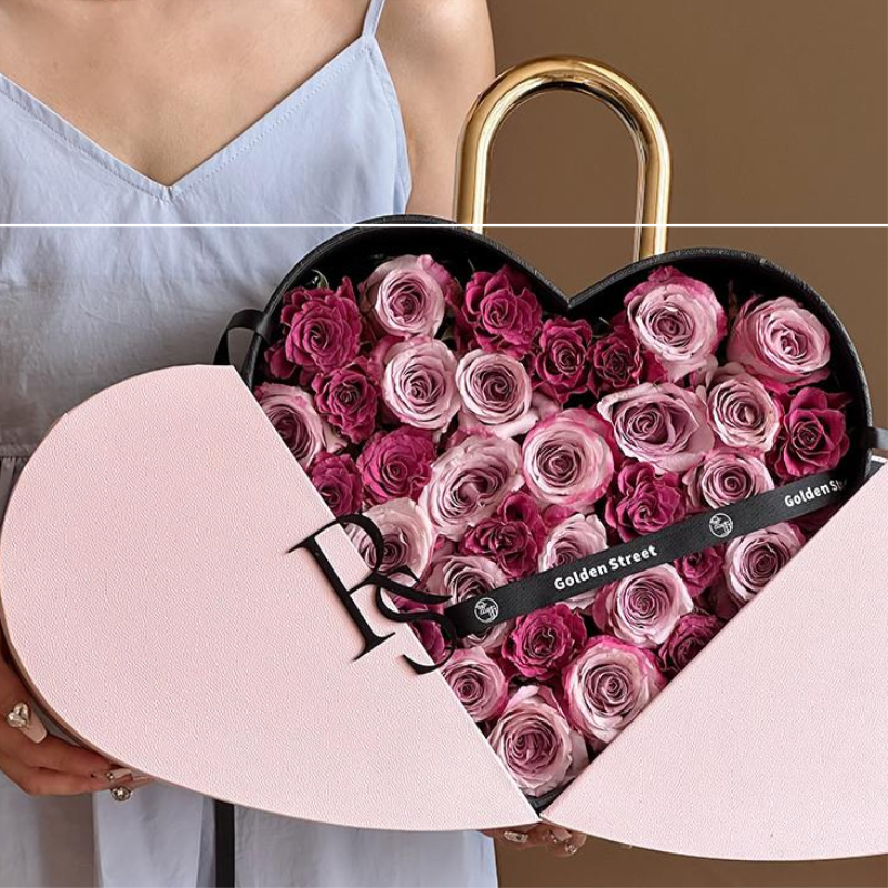 七夕情人节爱心花盒锁心鲜花爱心包装盒心形金属手提空盒手提礼盒