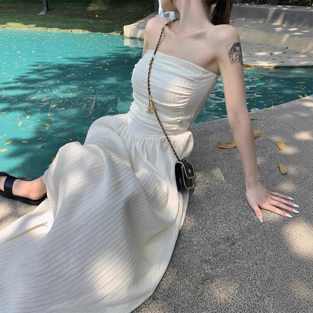 法式抹胸一字肩连衣裙女夏季辣妹纯欲裙子小个子显高收腰气质长裙