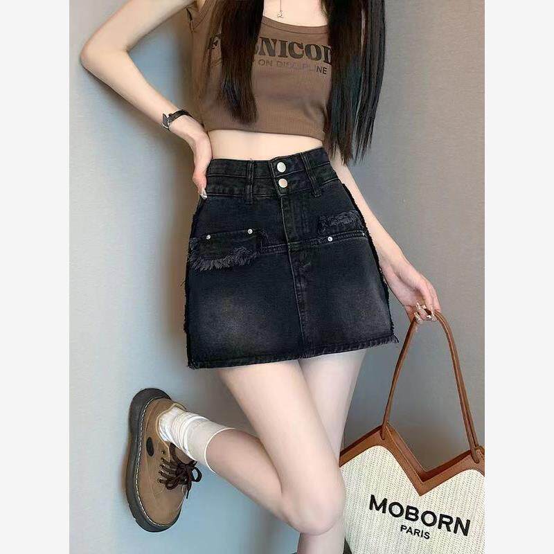 黑色牛仔短裙女春夏新款时尚设计感高腰显瘦a字裙防走光半身裙裤