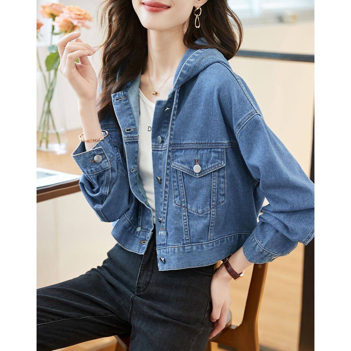 休闲短款牛仔外套2023秋季新款翻领宽松气质女士百搭上衣矮个子