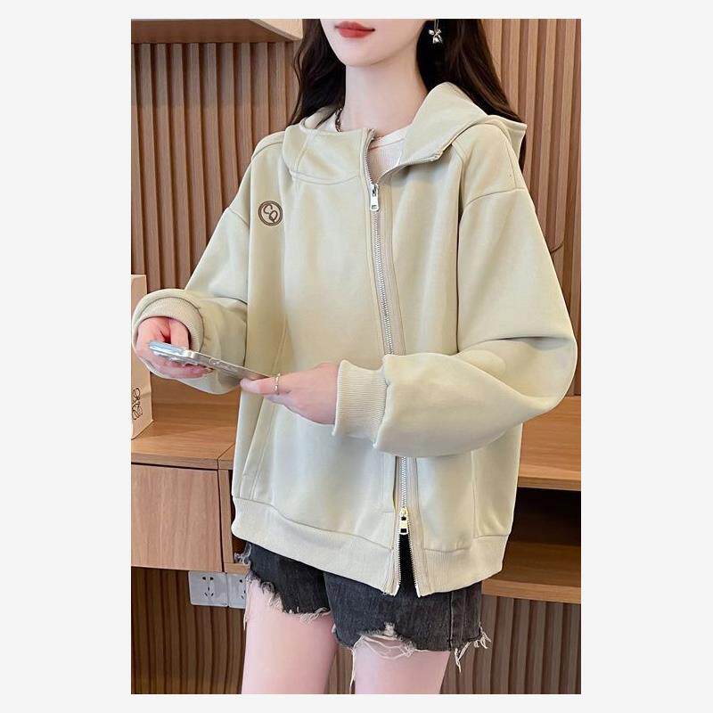 小众设计感连帽薄款卫衣女春秋新款韩版宽松小个子斜拉链开衫上衣