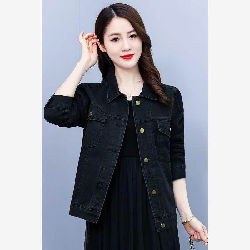 韩版大码牛仔外套女春秋新款宽松百搭黑色复古牛仔衣开衫夹克外套