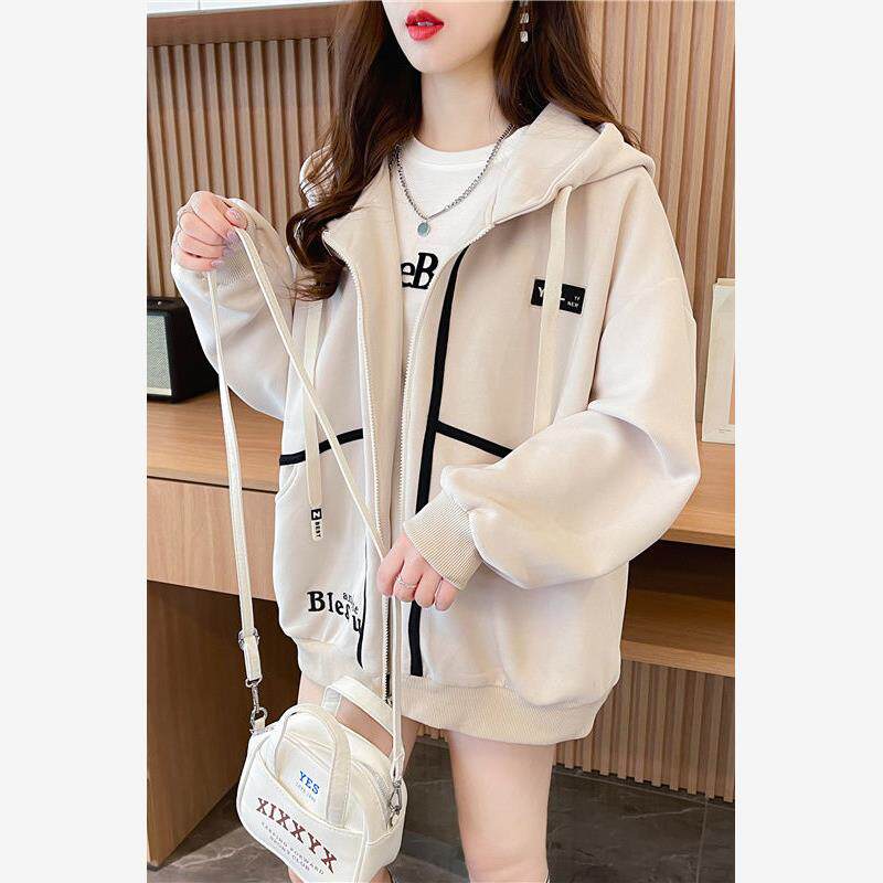 韩版休闲开衫外套女春秋季2024新款连帽宽松小个子学生薄款卫衣潮