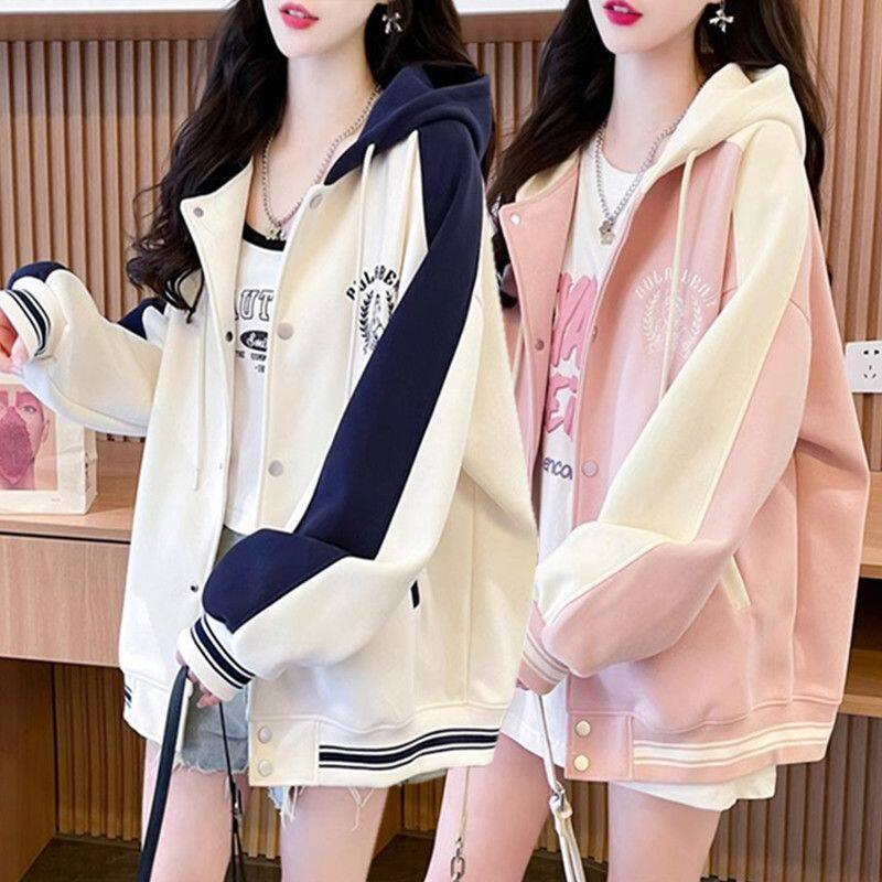 中长款学院风连帽卫衣女春秋薄款宽松大码休闲开衫撞色棒球服外套