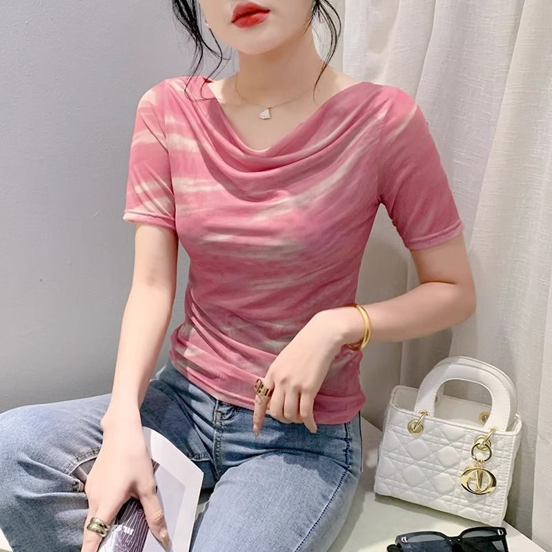 2025夏季新款时尚印花网纱上衣女士洋气性感荡领短袖t恤修身小衫