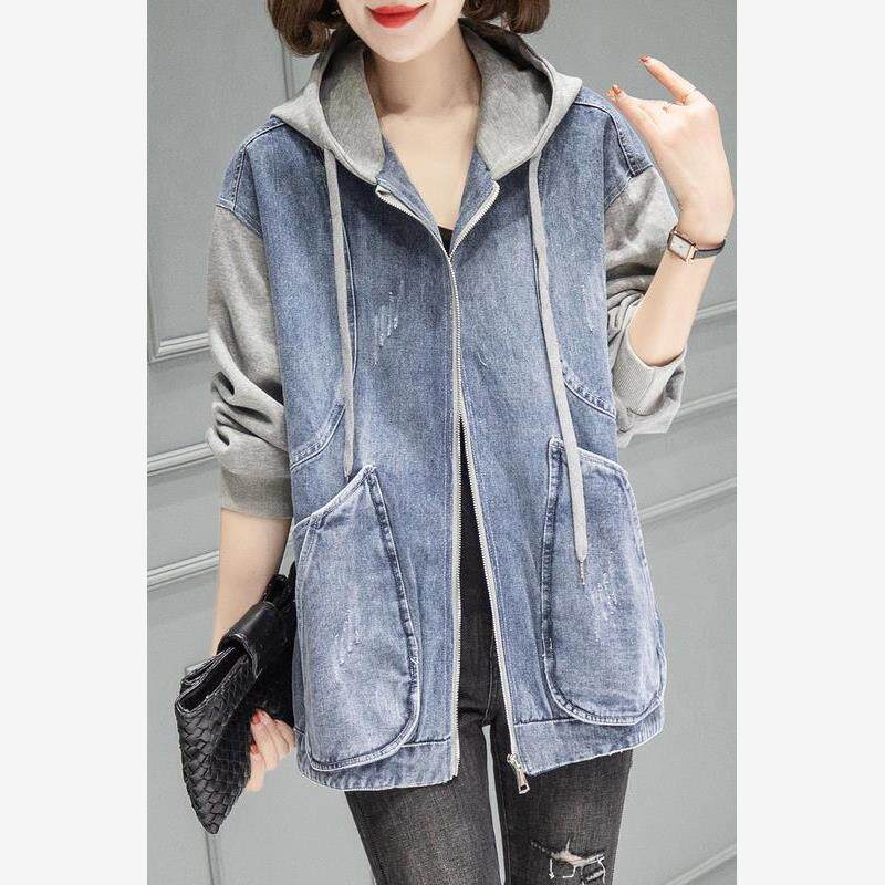连帽牛仔外套女2025春秋新款拼接宽松大码短款拉链小个子春装上衣