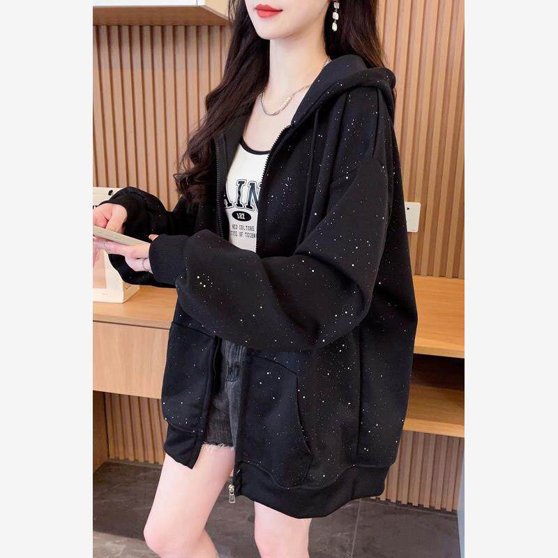 大码胖mm满天星设计感女高级春秋薄款连帽卫衣女宽松外套上衣外套