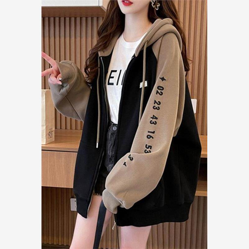 学院风中长款连帽卫衣女春秋薄款宽松大码休闲开衫棒球服外套上衣