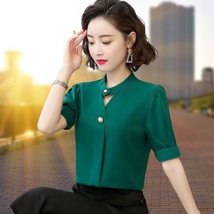 半袖 衣超仙襯衣女 女短袖 新款 夏裝 小眾衫 雪紡襯衫 上衣女五分泡泡袖