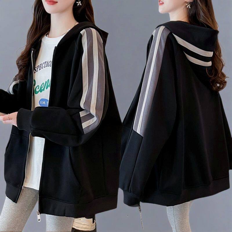 休闲百搭春秋薄款卫衣男女大码胖mm女装洋气减龄复古港味加绒外套