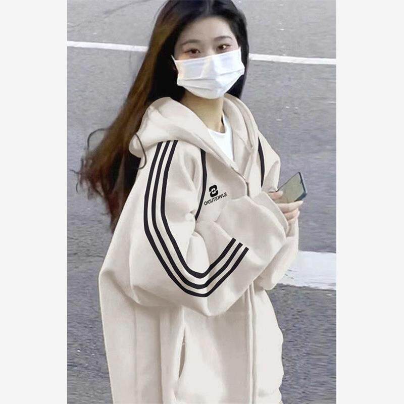 三条杠撞色开衫卫衣女春秋薄款oversize宽松美式潮牌连帽拉链外套