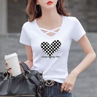 夏季 白t恤女2025新款 体恤百搭女士打底衫 纯棉修身 上衣 镂空v领短袖