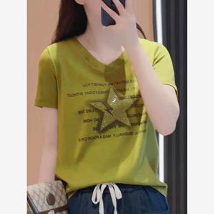 洋气显瘦短袖 新品 印花t恤百搭小众韩版 纯棉夏季 上衣女 V领字母时尚