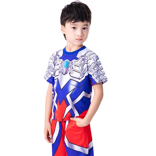 奥特曼衣服夏装男童短袖防蚊裤套装新款速干运动蜘蛛侠儿童装发光