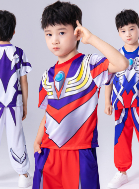 奥特曼衣服夏装男童短袖防蚊裤套装新款速干运动蜘蛛侠儿童装发光