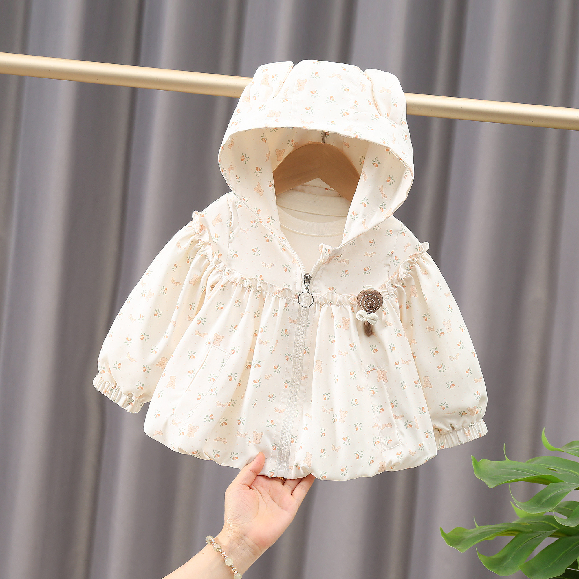 女童春秋连帽碎花公主风外套