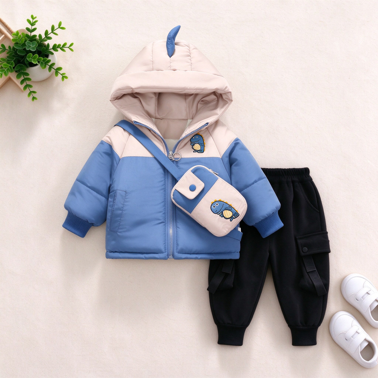 男童恐龙连帽加绒加厚棉服套装