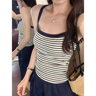 甜辣妹bm修身 撞色条纹打底吊带 内搭上衣夏季 挂脖背心女防走光无袖