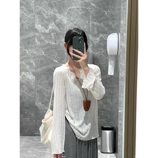 女打底上衣 韩系薄款 木耳边长袖 T恤2025夏季 慵懒风宽松v领防晒罩衫