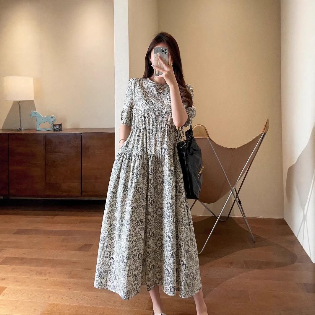 优雅知性青花瓷数码印花裙收腰显瘦中长款连衣裙女2025夏G051715