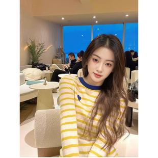 2025春季 爱心刺绣设计上衣内搭毛衣 撞色条纹ins针织打底衫 女韩版