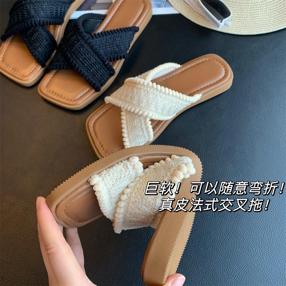 波西米亚风手工编织交叉真皮鞋垫牛筋大底方头平底凉拖鞋G022832