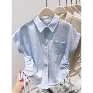夏季 polo翻领条纹短袖 上衣女韩系学院风休闲薄款 抽绳收腰正肩衬衫