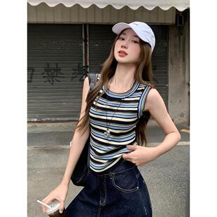 设计感拼色条纹针织工字背心 千禧辣妹短款 冰丝无袖 上衣女夏季 新款