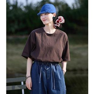 2025糖栗咖点子纱纯棉宽松针织T恤女圆领五分袖 早春新款 休闲上衣