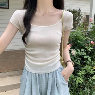 韩版 女纯色通勤气质上衣 简约休闲轻薄针织U领褶皱短袖 2025夏新款