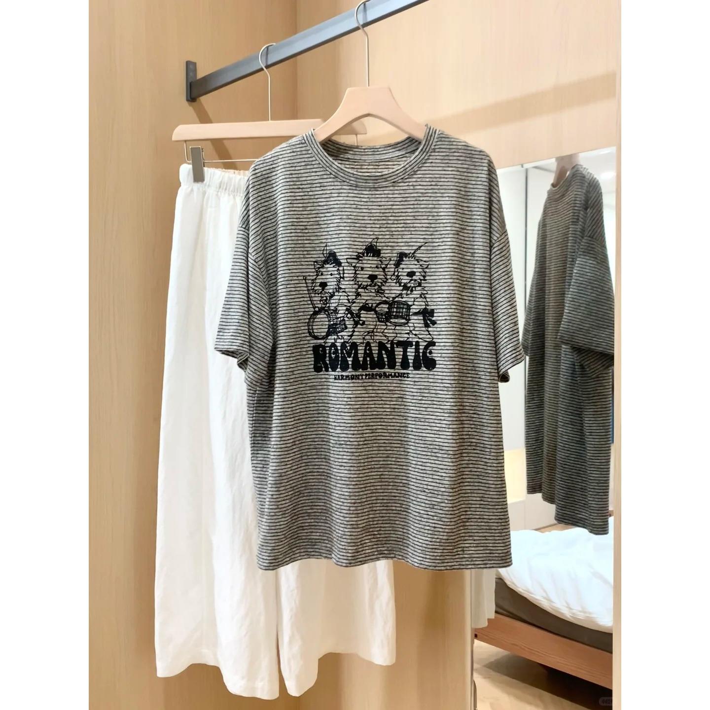 时尚狗狗印花条纹T恤女夏季打底上衣宽松休闲松弛感小众正肩短袖