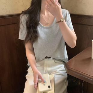 基础款 气质简约打底上衣时髦显瘦百搭T恤 纯棉U领宽松短袖 女春夏季