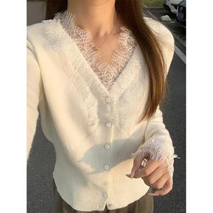 毛衣 纯欲V领蕾丝拼接针织开衫 女2025春季 甜辣百搭打底衫 内搭韩版