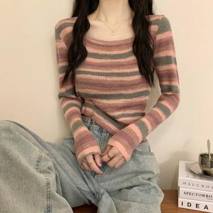 韩系减龄chic条纹撞色针织上衣春季 2025修身 辣妹风毛衣女打底小衫