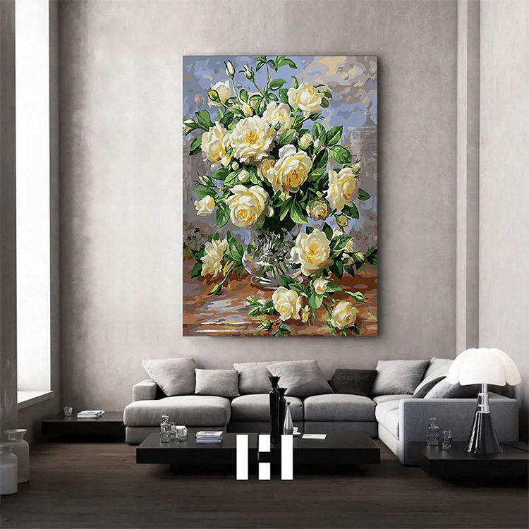 满钻油画花瓶白玫瑰花卉钻石画2024新款点贴钻石绣玄关过道粘砖画