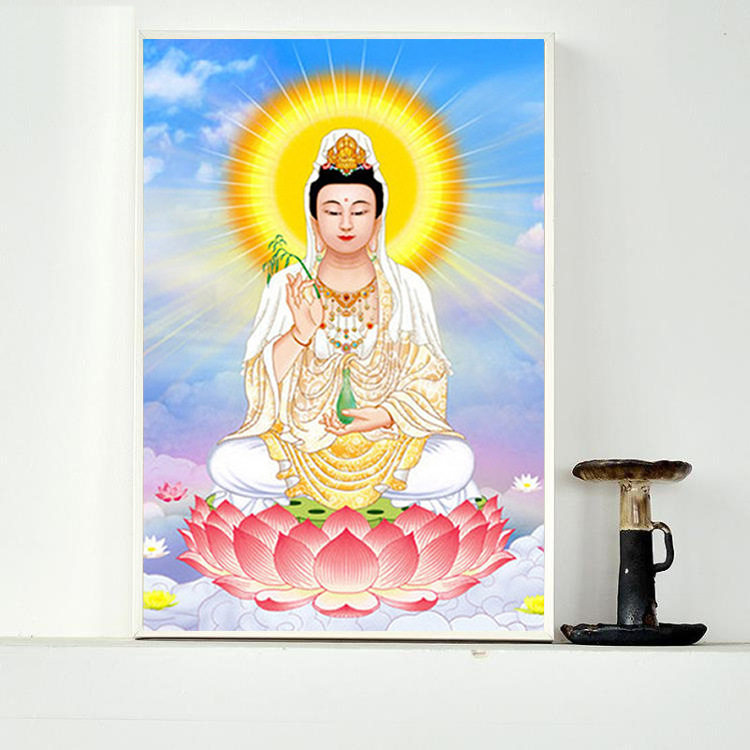 2024新款钻石画满钻点贴钻石十字绣新中式坐莲观音菩萨像客厅粘砖