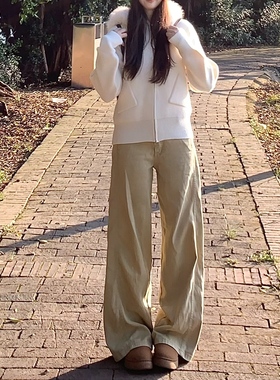 卡其色高腰阔腿牛仔裤女慵懒感宽松显瘦百搭休闲垂感直筒拖地裤子