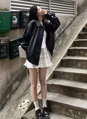 美式高级感复古黑色皮衣外套设计拉链开衫宽松小个子夹克上衣