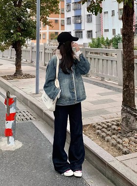 浅蓝色加厚毛绒牛仔外套女韩版宽松显瘦慵懒风翻领单排扣棉服上衣