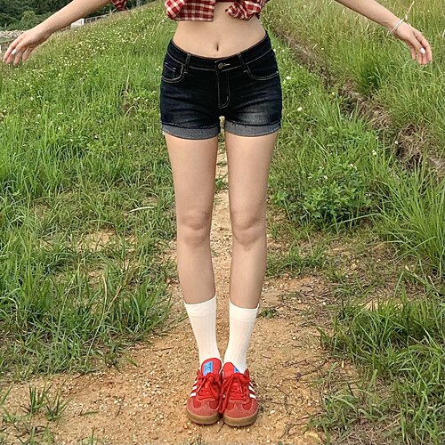 美式超短裤高腰深蓝色牛仔短裤